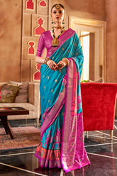 Light Blue Green Mercerized Sigma Silk ︎With Classical Patola Design And SambalPuri Print With Aqua Finish